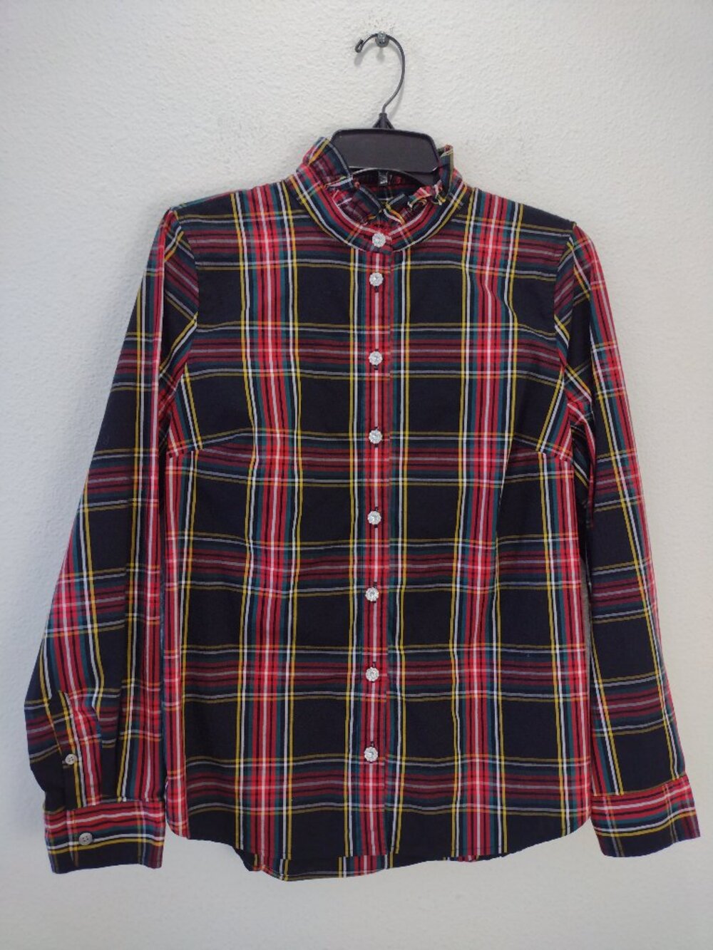 J.Crew Women's Ruffled Neck Button Down Shirt Tartan Plaid Medium Red Black
